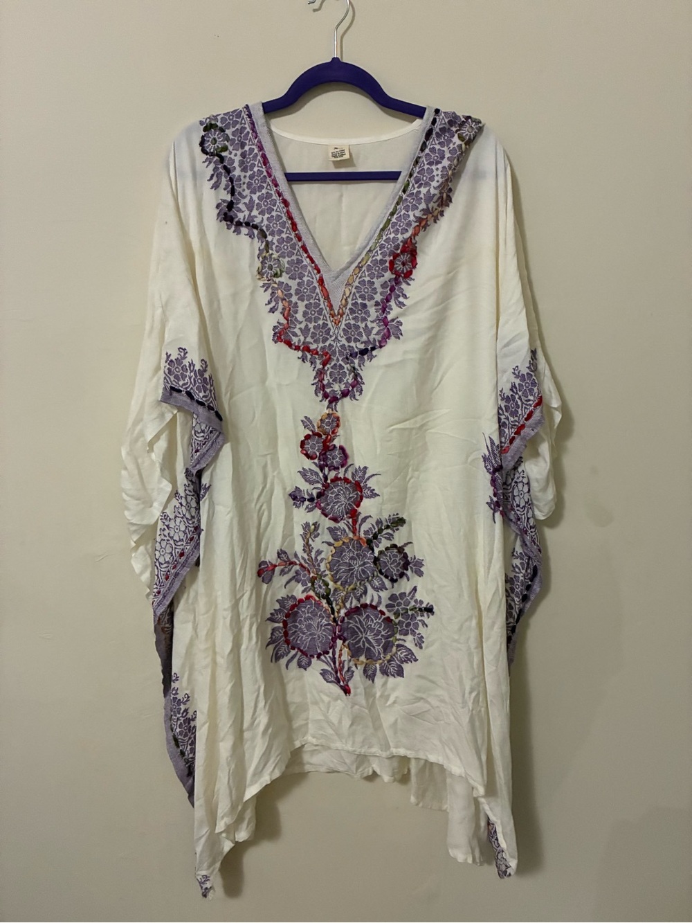 Raj White Kaftan Tunic with Purple Floral Embroidery